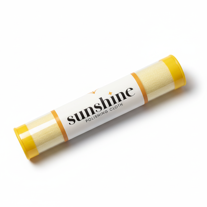 Polishing cloth in a clear plastic wrap with 'sunshine' branding on a white background